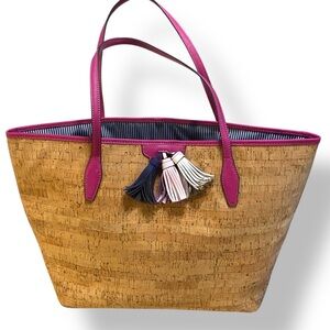 Crown & Ivy Faux Cork Tote Pink Trim Tassel Bag Hard to Find NWOT